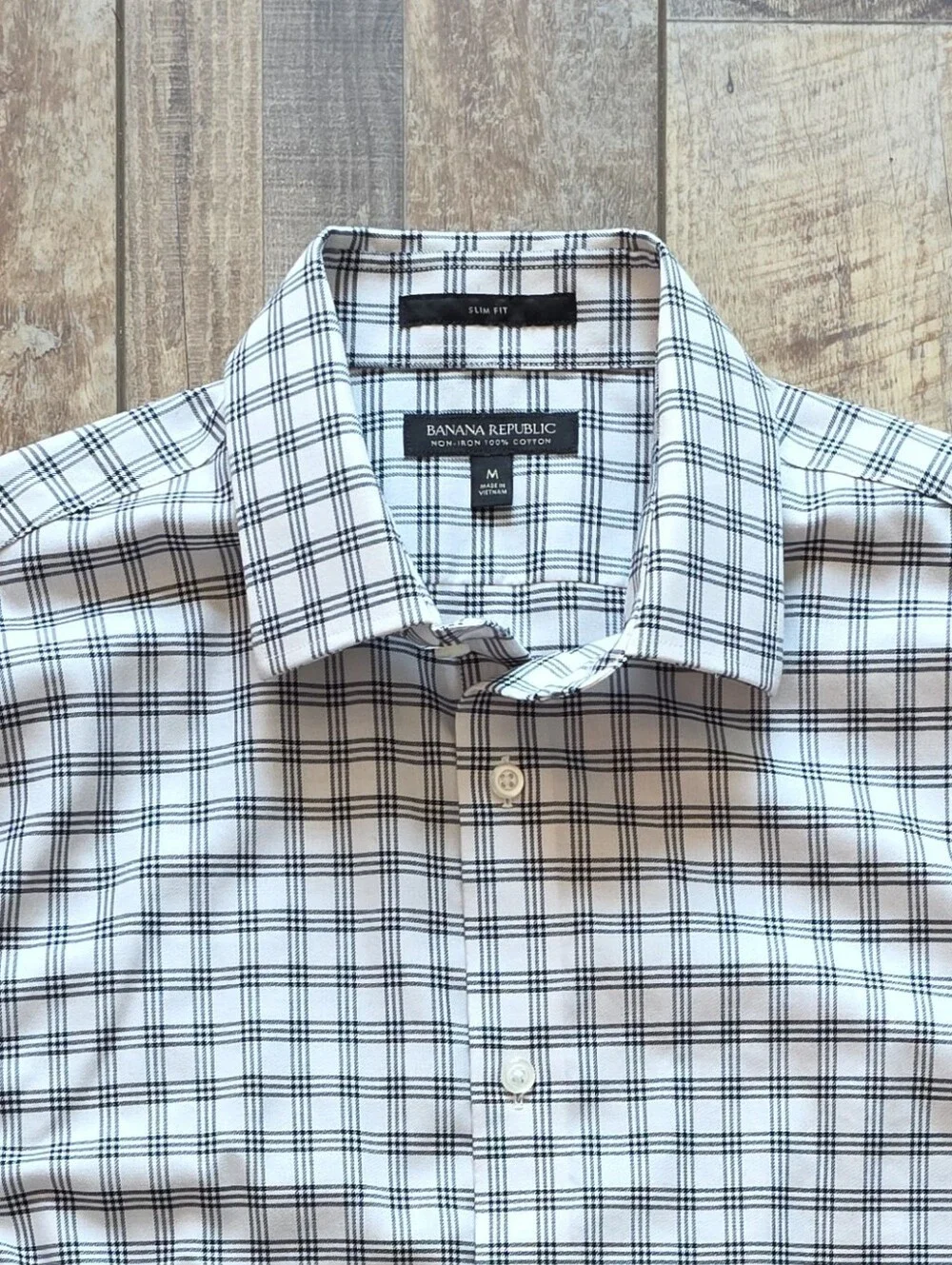 Banana Republic - Non-Iron Slim Fit Dress Shirt - M - White Navy Plaid